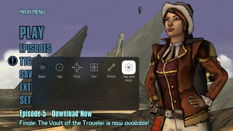 Tales from the Borderlands on iOS, showing a menu with a choice of gestures