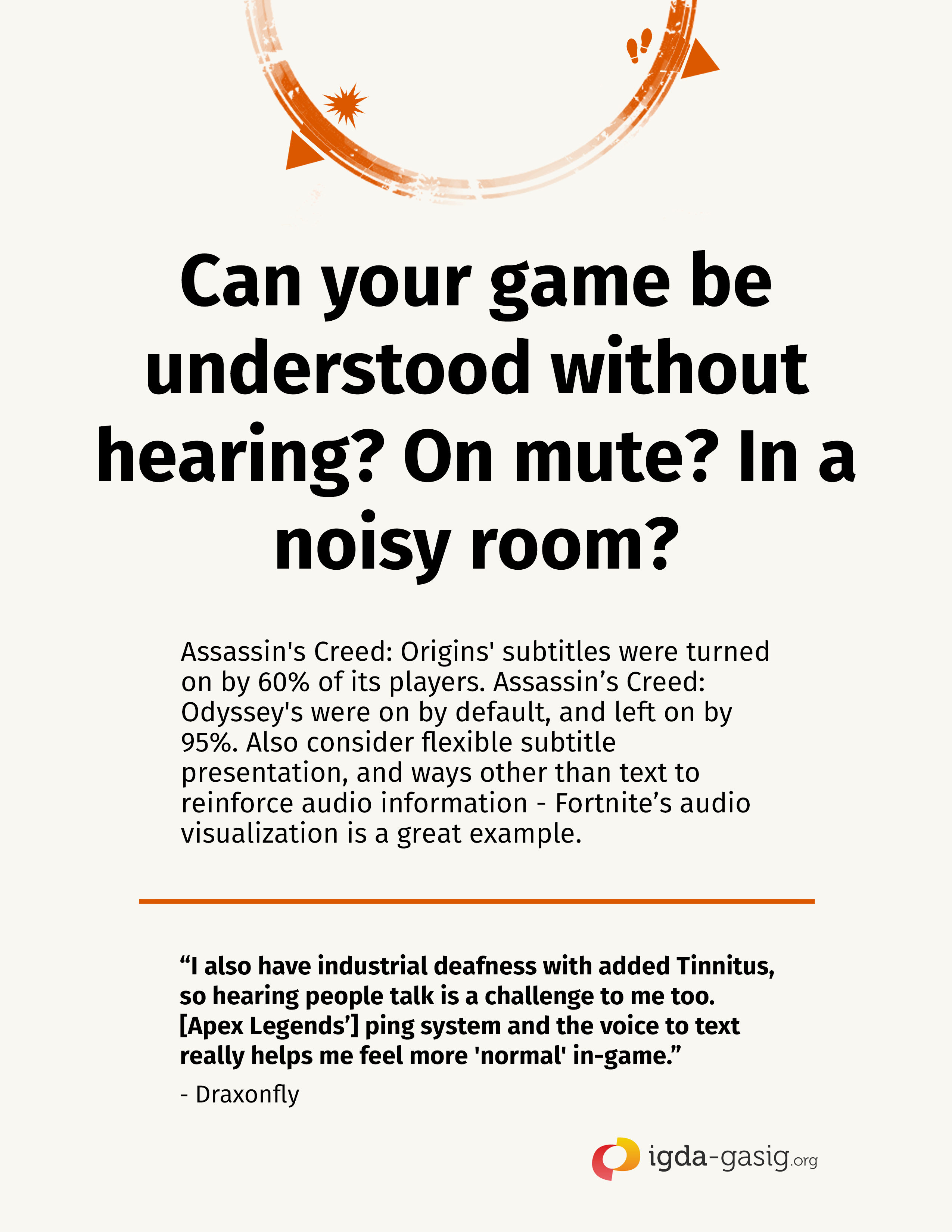 Can your game be understood without hearing? On mute? In a noisy room? (see bottom of page for full text)