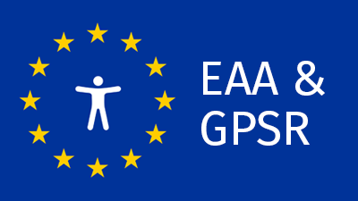 EAA & GPSR, with vitruvian man accessibility symbol within the stars of the EU flag